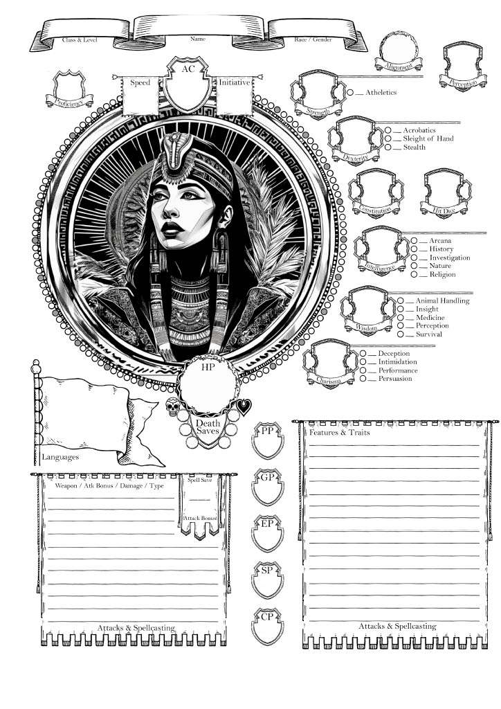 Character Sheet Pg 1 - Featuring a captivating custom art inspired by Art Deco, this high-quality PDF showcases a breathtaking female Egyptian warrior. The vibrant black and white ink on a modern Art Deco background brings to life intricate details like palm leaves and rich ancient Egyptian accents, creating a striking front-facing illustration.