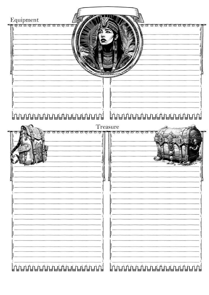 Character Sheet Pg 2 - Featuring a captivating custom art inspired by Art Deco, this high-quality PDF showcases a breathtaking female Egyptian warrior. The vibrant black and white ink on a modern Art Deco background brings to life intricate details like palm leaves and rich ancient Egyptian accents, creating a striking front-facing illustration.