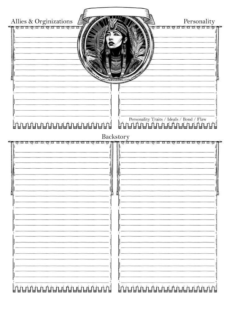 Character Sheet Pg 3 - Featuring a captivating custom art inspired by Art Deco, this high-quality PDF showcases a breathtaking female Egyptian warrior. The vibrant black and white ink on a modern Art Deco background brings to life intricate details like palm leaves and rich ancient Egyptian accents, creating a striking front-facing illustration.