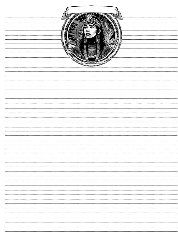 Character Sheet Pg 4 - Featuring a captivating custom art inspired by Art Deco, this high-quality PDF showcases a breathtaking female Egyptian warrior. The vibrant black and white ink on a modern Art Deco background brings to life intricate details like palm leaves and rich ancient Egyptian accents, creating a striking front-facing illustration.