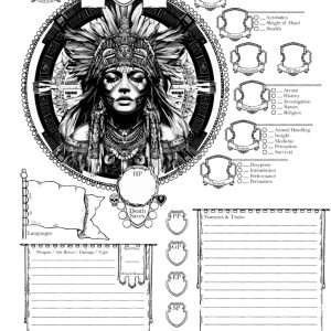 Character Sheet Pg 1 - Featuring a captivating custom art inspired by Art Deco, this high-quality PDF showcases a breathtaking female Aztec warrior. The vibrant black and white ink on a modern Art Deco background brings to life intricate details like banana leaves and rich ancient Aztec accents, creating a striking front-facing illustration.