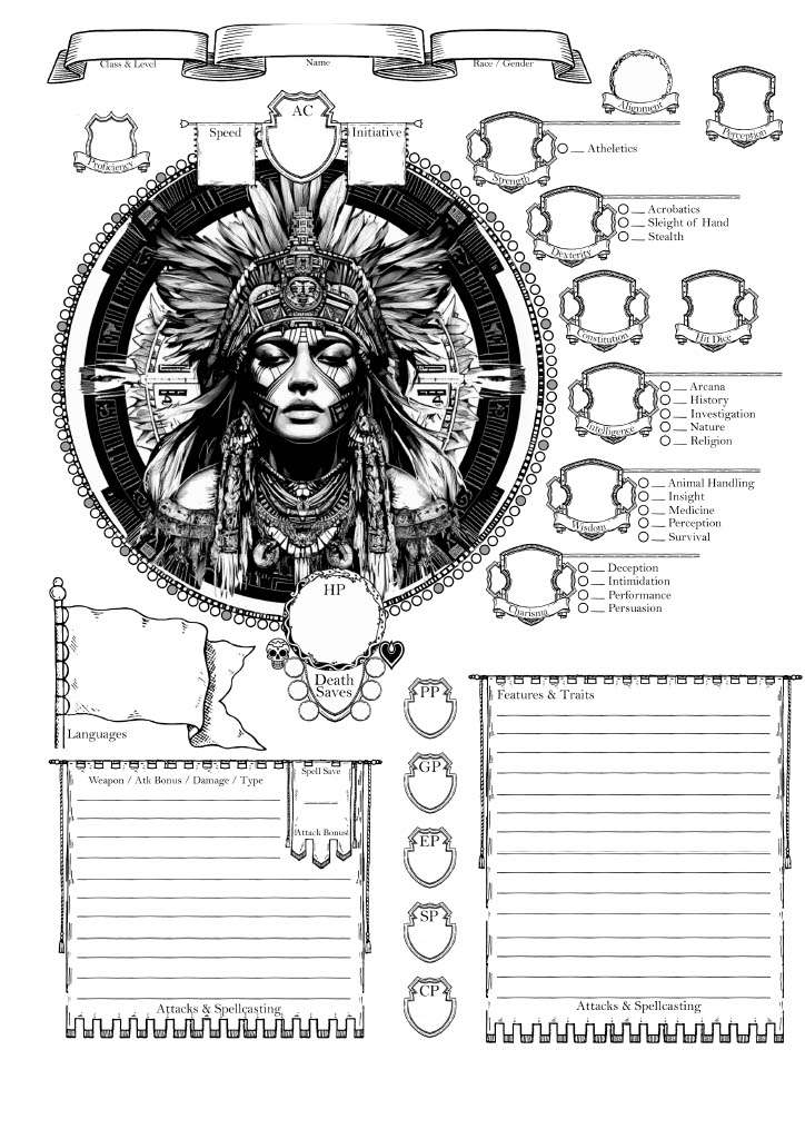 Character Sheet Pg 1 - Featuring a captivating custom art inspired by Art Deco, this high-quality PDF showcases a breathtaking female Aztec warrior. The vibrant black and white ink on a modern Art Deco background brings to life intricate details like banana leaves and rich ancient Aztec accents, creating a striking front-facing illustration.