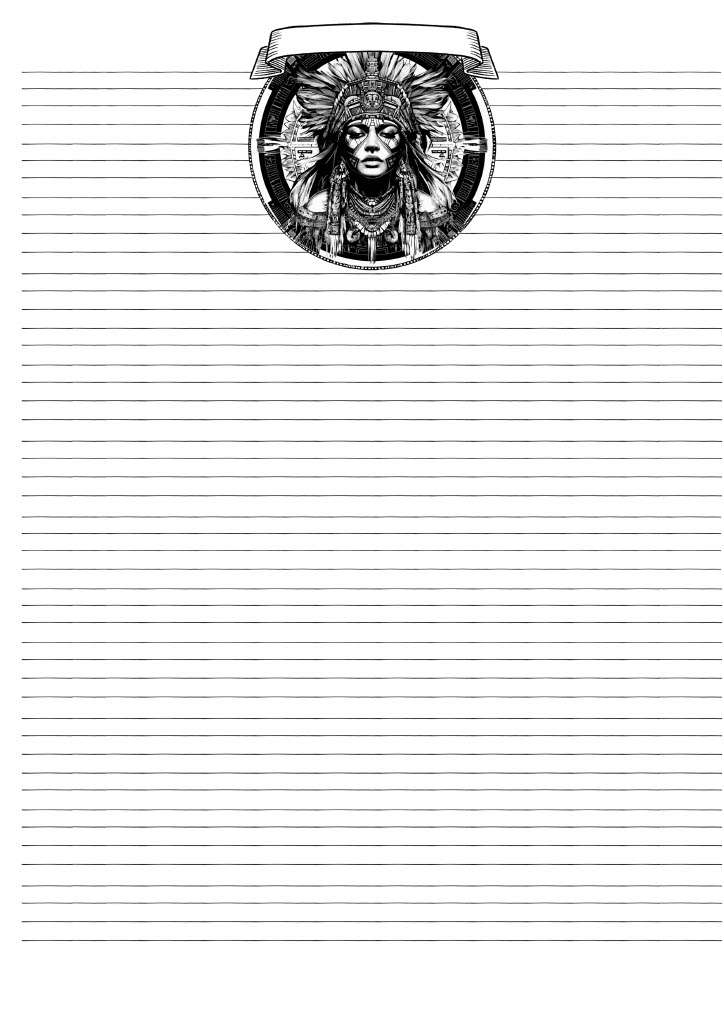 Character Sheet Notes Pg - Featuring a captivating custom art inspired by Art Deco, this high-quality PDF showcases a breathtaking female Aztec warrior. The vibrant black and white ink on a modern Art Deco background brings to life intricate details like banana leaves and rich ancient Aztec accents, creating a striking front-facing illustration.
