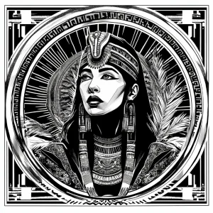 DnD Character art of a female in high contrast black and white ink Very modern Art Deco illustration in the style. Highly detailed illustration of a beautiful female Egyptian warrior front facing towards the viewer with a circular Art Deco illustration background and palm leaf and ancient Egyptian accent details