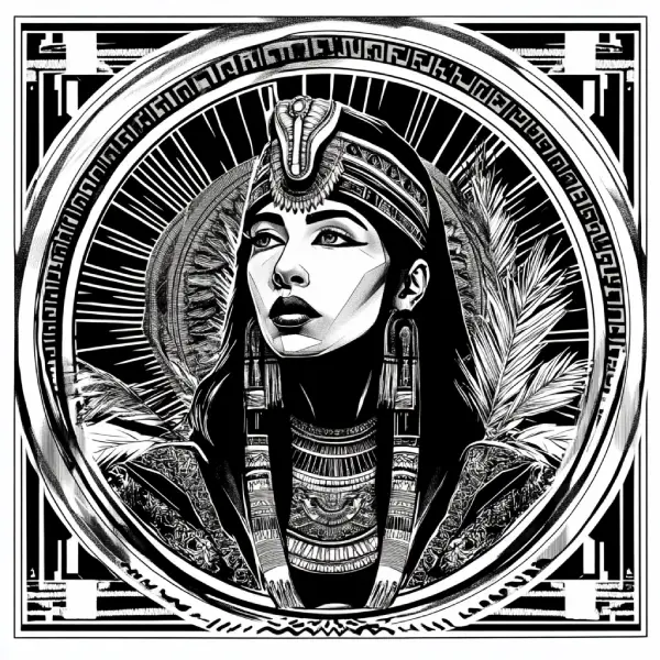 DnD Character art of a female in high contrast black and white ink Very modern Art Deco illustration in the style. Highly detailed illustration of a beautiful female Egyptian warrior front facing towards the viewer with a circular Art Deco illustration background and palm leaf and ancient Egyptian accent details