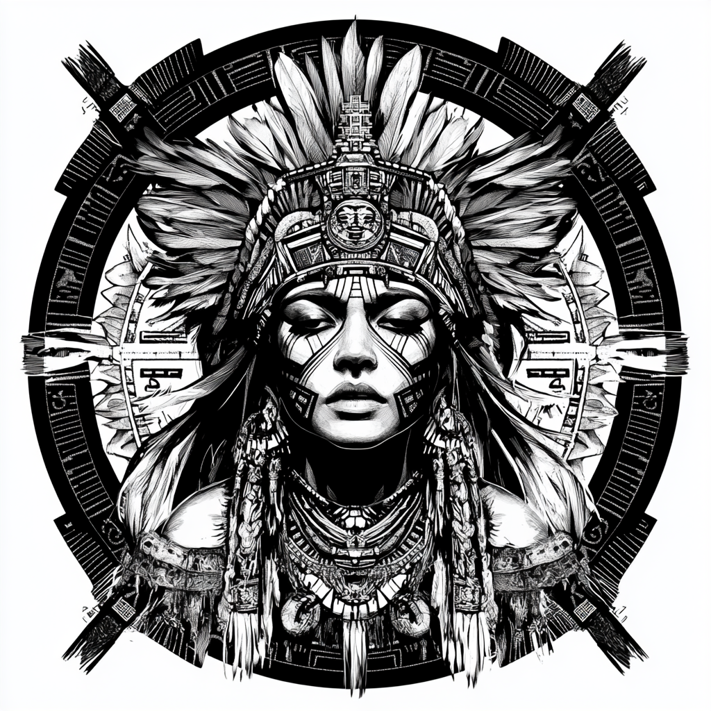 DnD Character art of a female in high contrast black and white ink Very modern Art Deco illustration in the style. Highly detailed illustration of a beautiful female Aztec warrior front facing towards the viewer with a circular Art Deco illustration background and banana leaf and ancient Aztec accent details