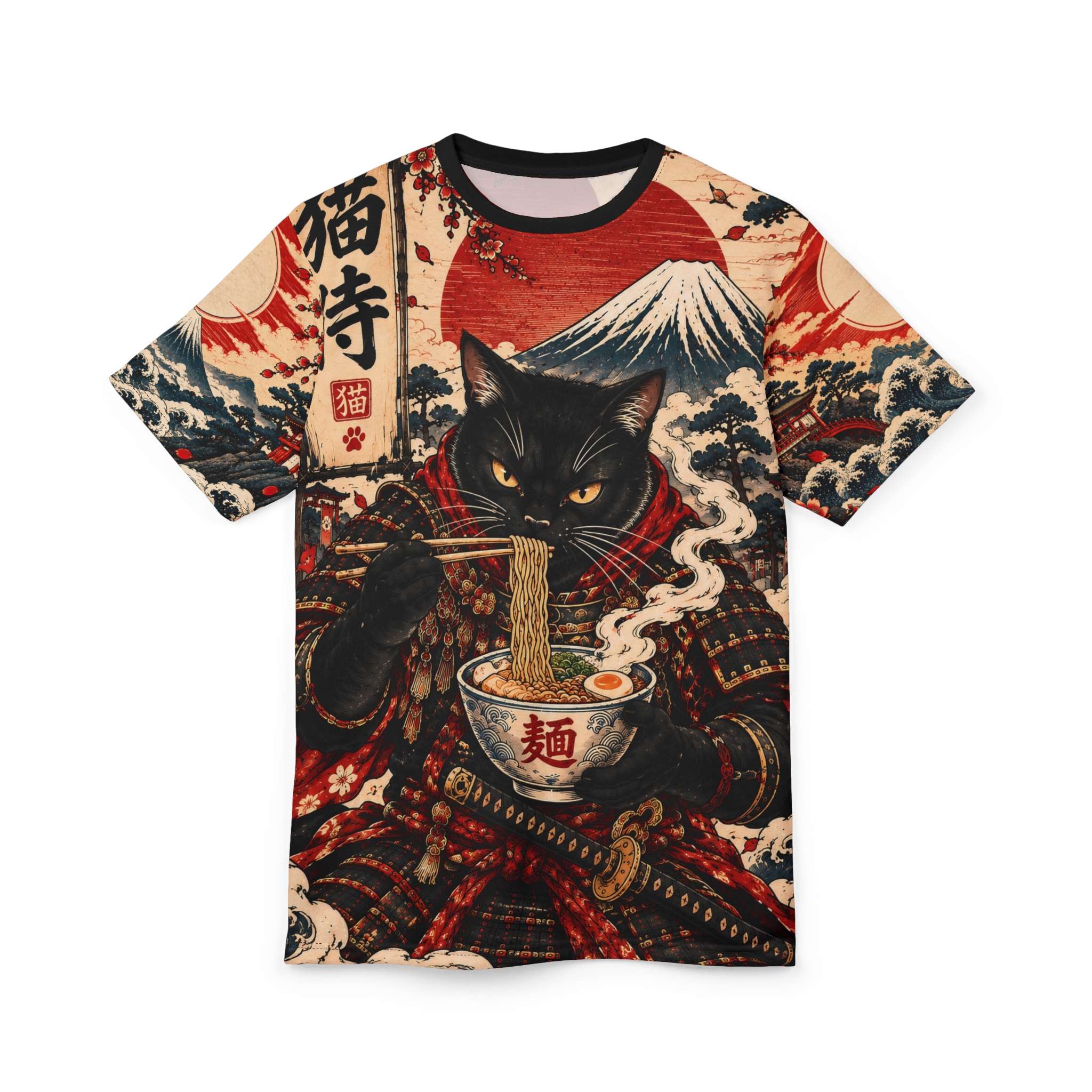 Samurai Cat Ramen Ukiyo-e Style T-Shirt - Image 3