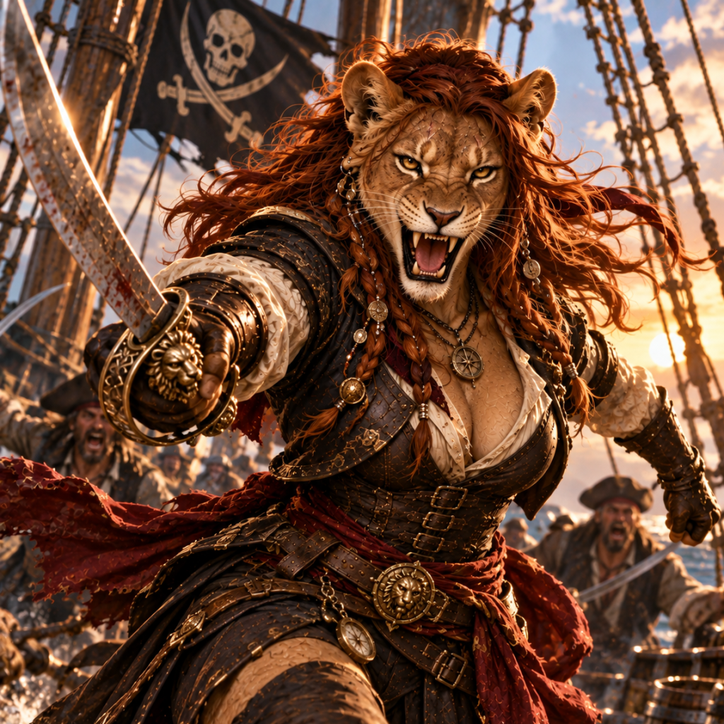 Leonid female fighter in pirate garb.