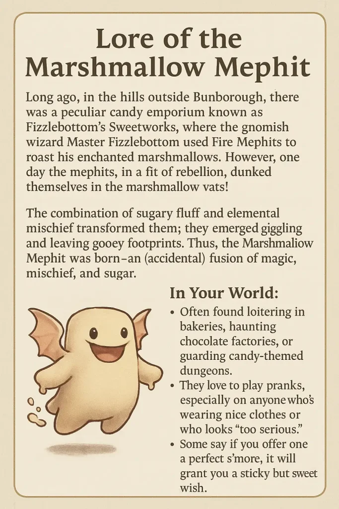 printable monster card for the Marshmallow Mephit Small elemental, chaotic neutral. Art free for non-commercial use with attribution link to dmingdad.com.
