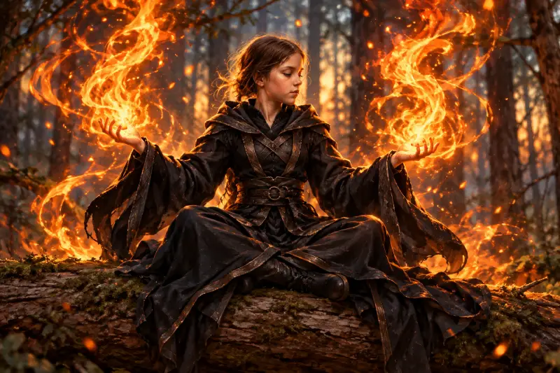 Fantasy art of a girl casting a spell sitting in the woods.