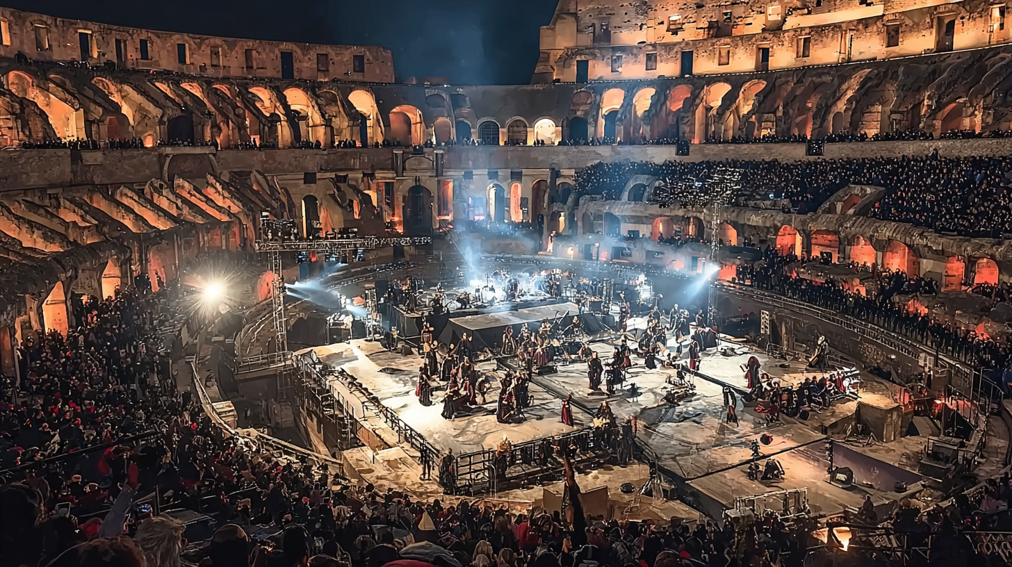 a epic fantasy art style battle of the bands medieval instruments. Bards performing in the Roman colosseum. One band is dressed in dark cloths and the other in light clothes.